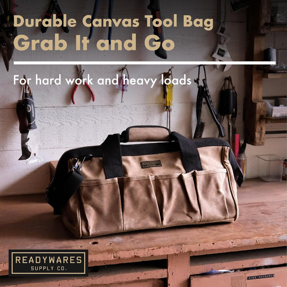 Readywares 18" Tool Bag - Waxed Canvas Heavy Duty Large Toolbag, Tan