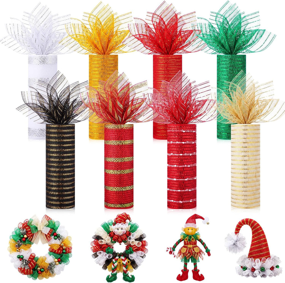 Newwiee 8 Rolls Christmas Mesh Ribbon for Wreaths 10 Inch x 30 Feet