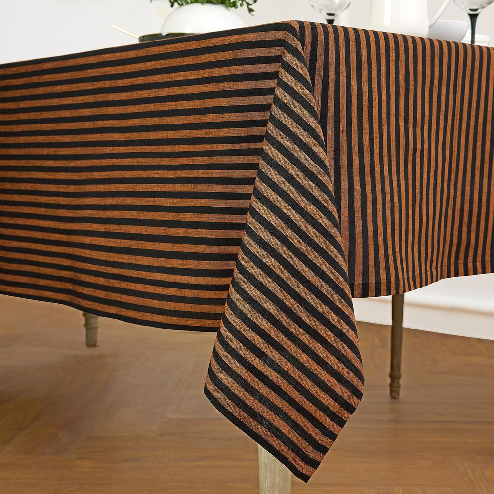 Solino Home 100% Linen Tablecloth, 60 x 120 in, Pumpkin and Black Striped