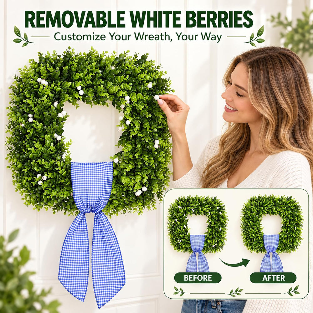 20'' Artificial Square Boxwood Wreaths for Front Door with Berries &a...