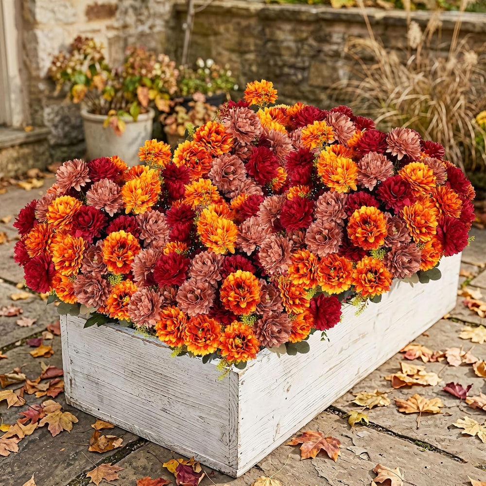 12 Pcs Fall Artificial Mums Flowers, Orange Burgundy Brown Faux Mums Bouquet ...