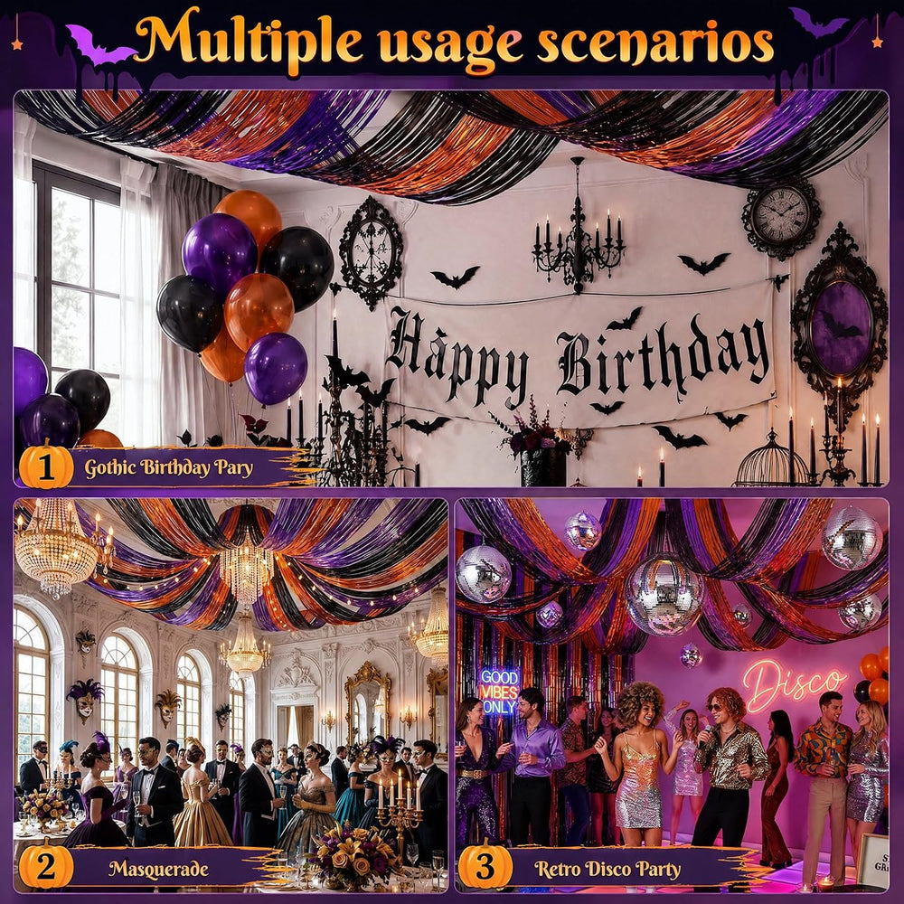 8 Pcs Halloween Decor, Orange Purple Black Ceiling Fringe Curtains