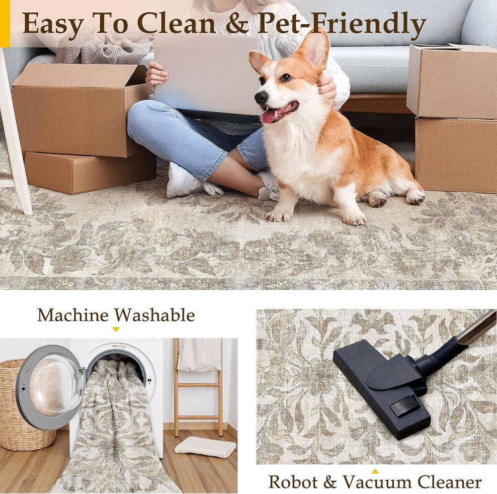 2.6x14 Washable Runner Rug Hallway Cream Beige Vintage Carpet
