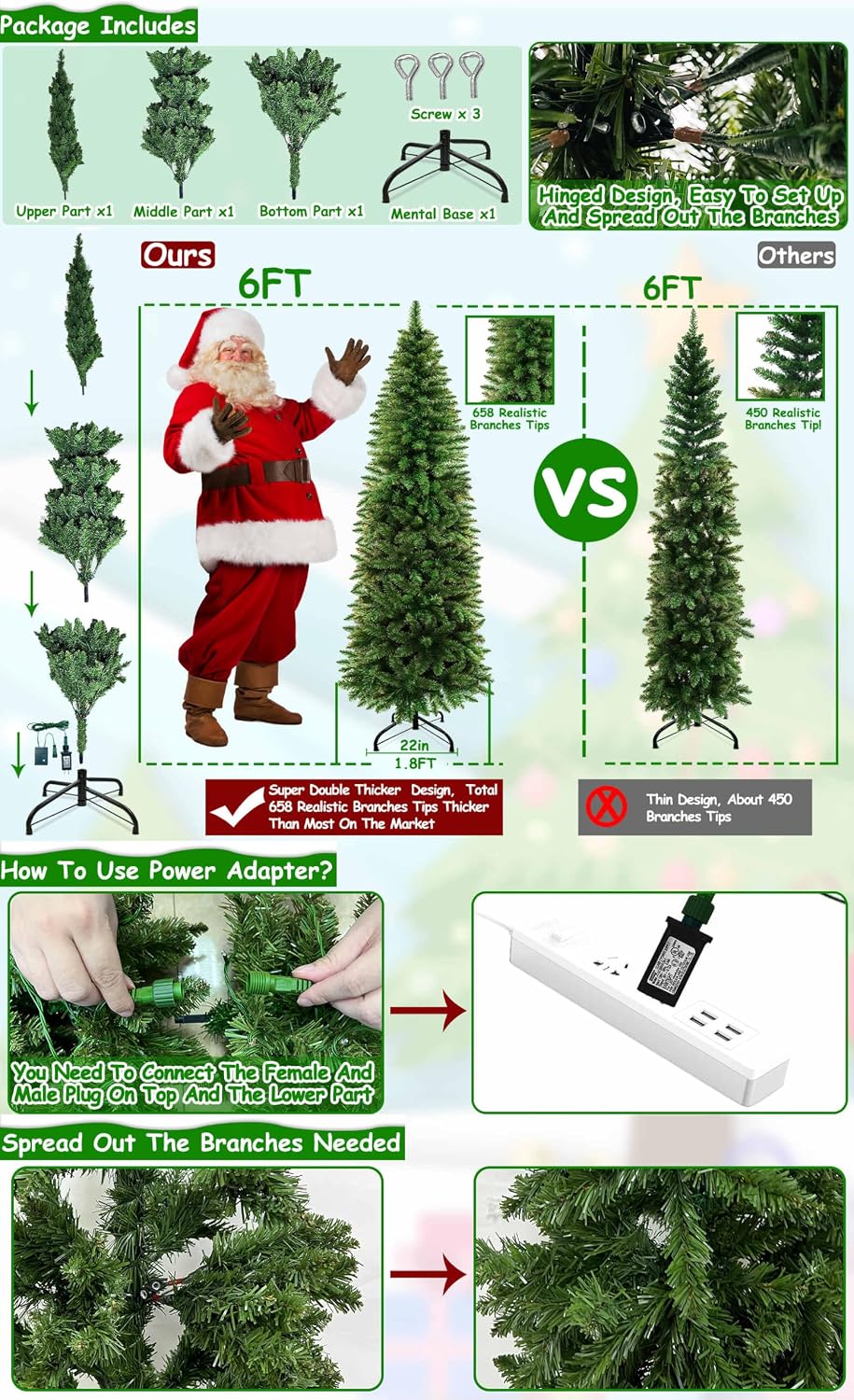 6Ft Prelit Pencil Christmas Tree with 240 Warm White&Colors Changing Lights