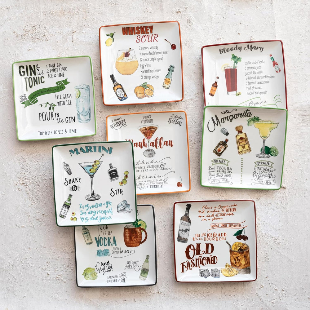 Creative Co-Op Stoneware Plate Set with Cocktail Recipes Design Styles, Multi...
