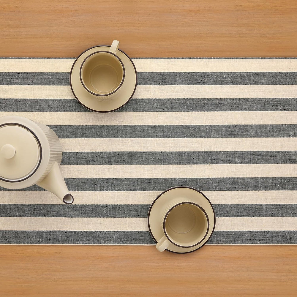 Solino Home 100% Linen Table Runner, 14 x 72 in, Black and Natural Striped