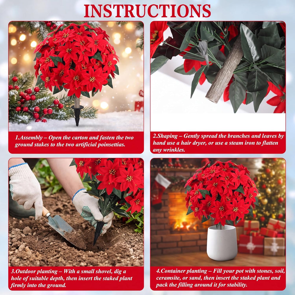Sggvecsy Artificial Poinsettia Flowers 2 Pack for Grave Christmas with Pike
