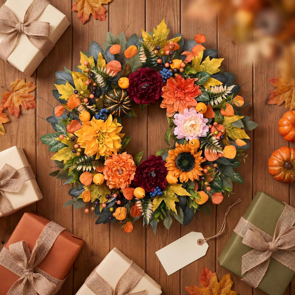 Waipfaru 2Pcs 26 in Harvest Fall Wreaths for Front Door Decor with Pumpkin
