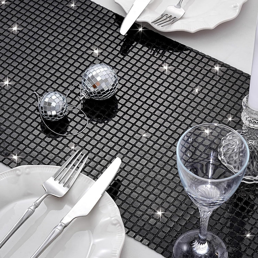 Black Sequin Table Runner 8 Packs 13 x 72 Inch Glitter Mirror Fabric