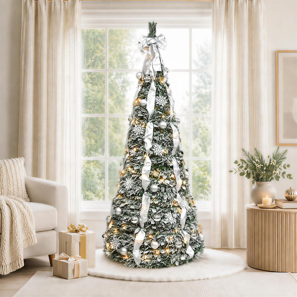 7ft Pop Up Artificial Christmas Tree with Lights, Decorated Prelit Collapsibl...