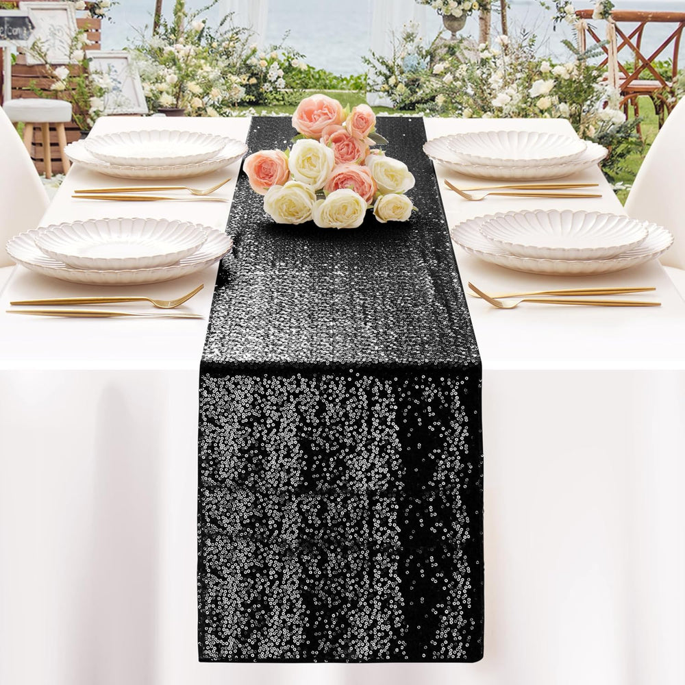 Aormenzy 12 Pack Black Sequin Table Runner 12" x 72"