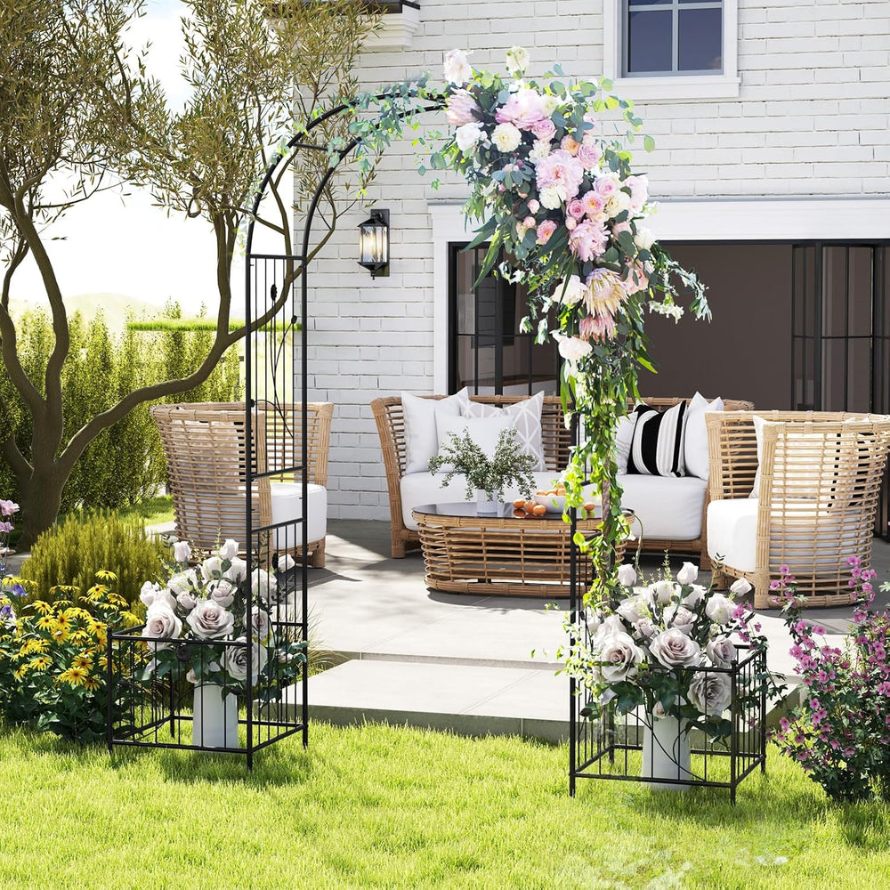 Giantex 86'' Metal Garden Arbor Arch Trellis with Planters, 8 Ground ...