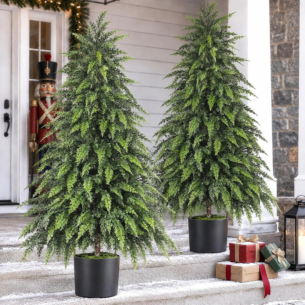 2Pcs 4FT Artificial Cedar Christmas Tree Fake Plant for Front Porch Decor