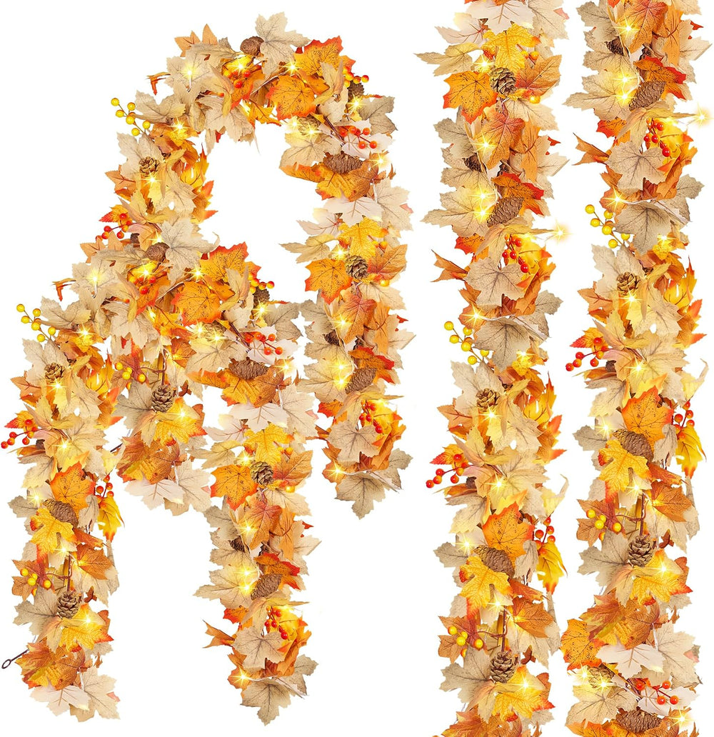 4 Pack Fall Garland with Lights, Artificial Autumn Maple Leaves Vines with LE...