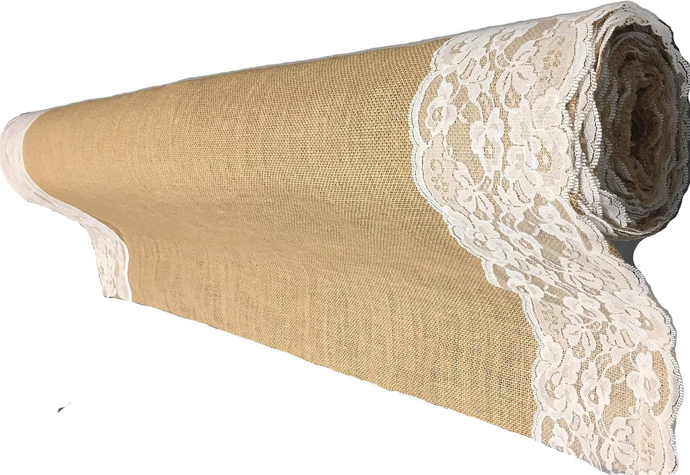 Premium Burlap Outdoor Wedding Aisle Runner with 5" Wide Ivory Lace Atta...