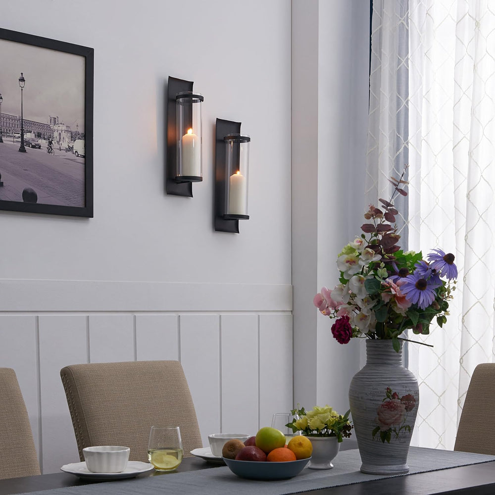 Danya B Metal Pillar Candle Sconces with Glass Inserts - A Wrought Iron Recta...