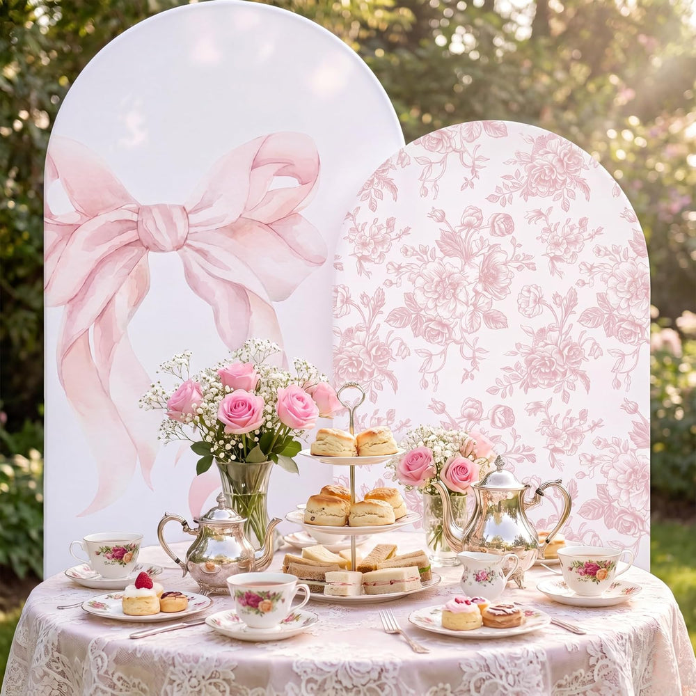 2 Set Pink Bow Floral Arch Backdrop Cover 7.2ft 6.6ft