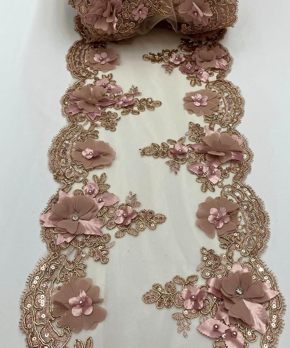 2 Yards (Dusty Rose) 22" Wide 3D Embroidered Table Runner on Mesh Fabric...