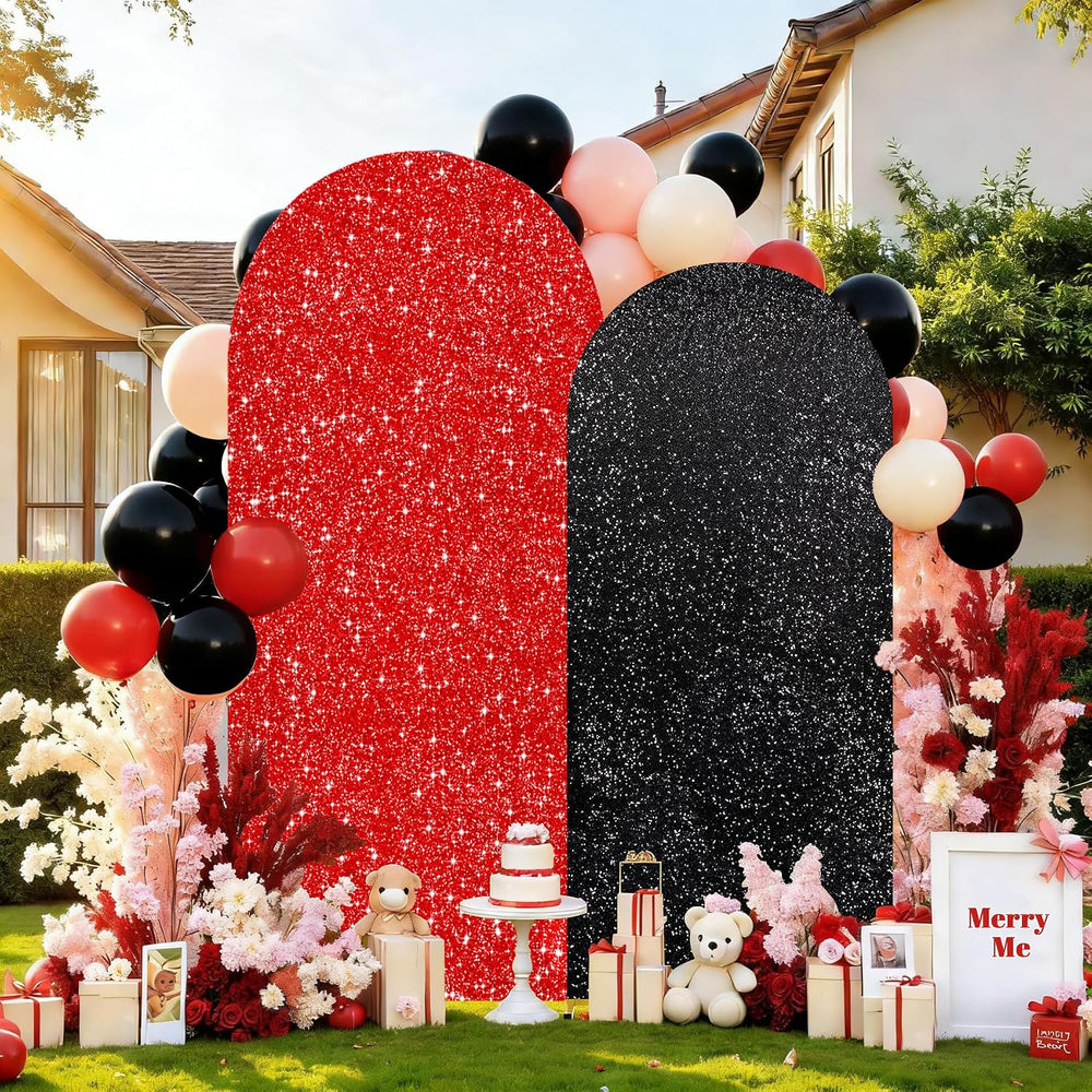 Red Black Sequin Arch Backdrop Cover Set of 2 (7.2ft+6ft) Round Top Chiara Ar...