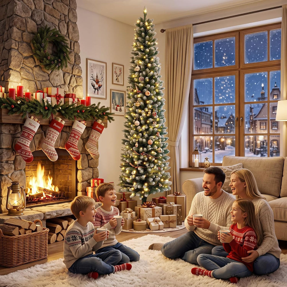 HOMCOM 8ft Pencil Prelit Christmas Tree, Dual Color, Flocked, Green White