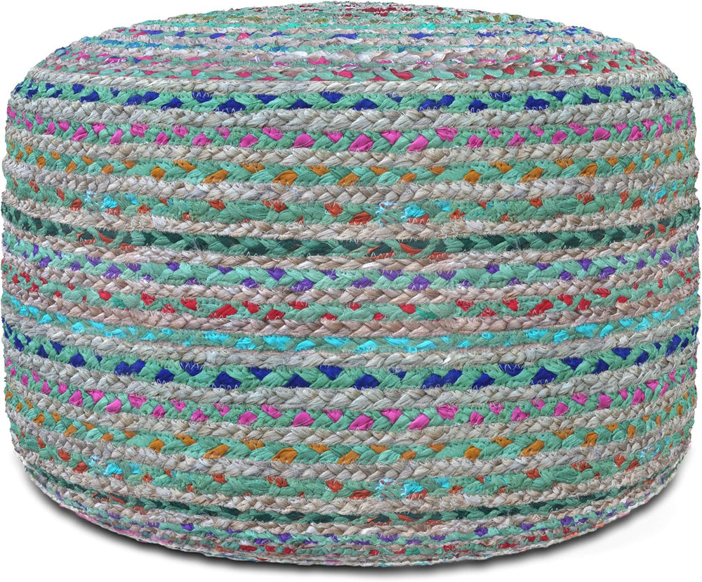 SIMPLIHOME Margo 20" Wide Round Pouf in Multi-Green Jute and Cotton