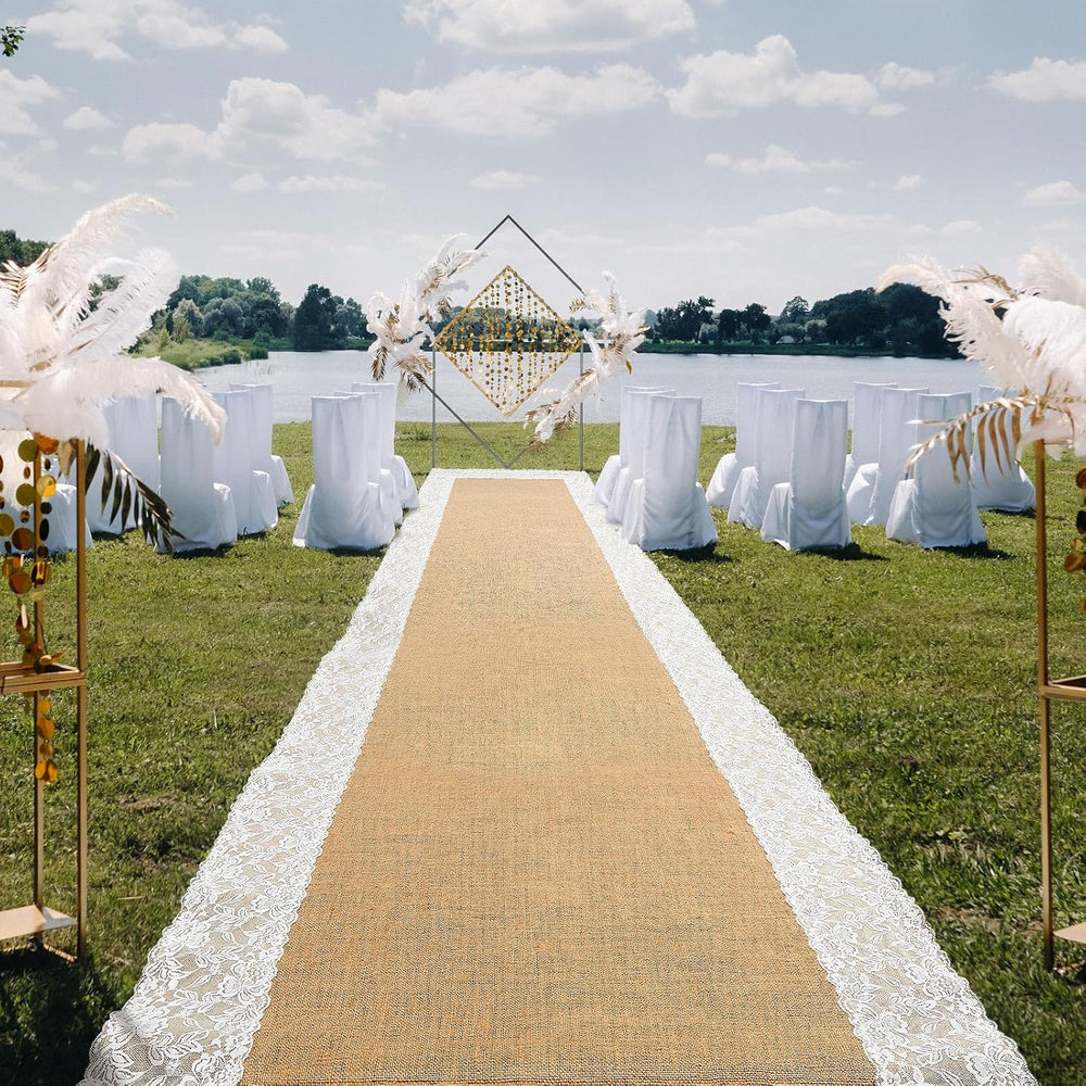 Preboun 3ft X 30 ft Aisle Runner for Wedding Ceremony, Burlap Lace Style