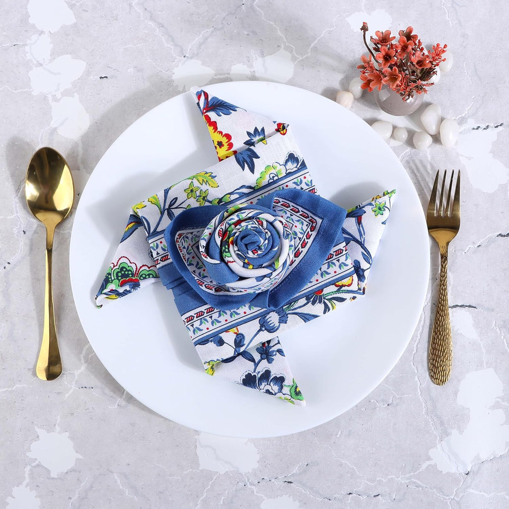 FINGERCRAFT Cloth Napkins Set of 12 Cotton Linen, 20x20 Inch, Blue Floral