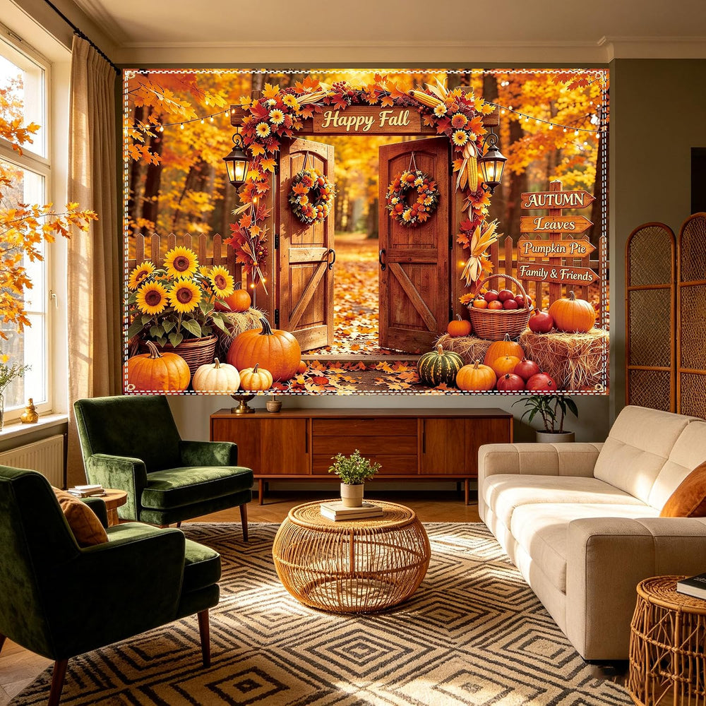 Fall Backdrop 10×6.5ft, with 100 Pcs Red & Yellow Artificial Maple Leaves