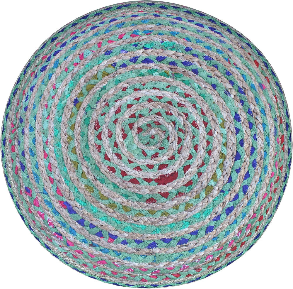 SIMPLIHOME Margo 20" Wide Round Pouf in Multi-Green Jute and Cotton