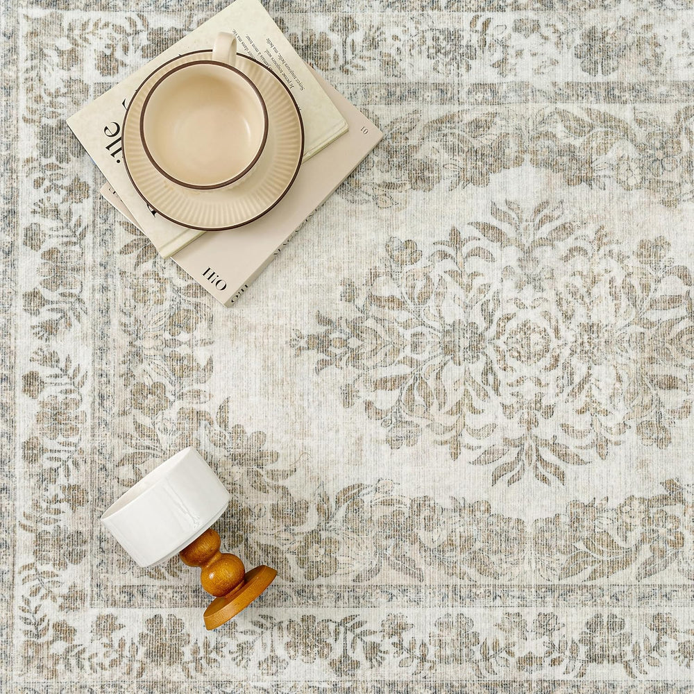 2.6x14 Washable Runner Rug Hallway Cream Beige Vintage Carpet