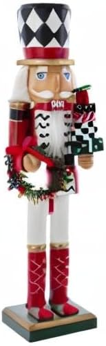 15-Inch Red, White and Black Nutcracker with Gift Box and Wreath
