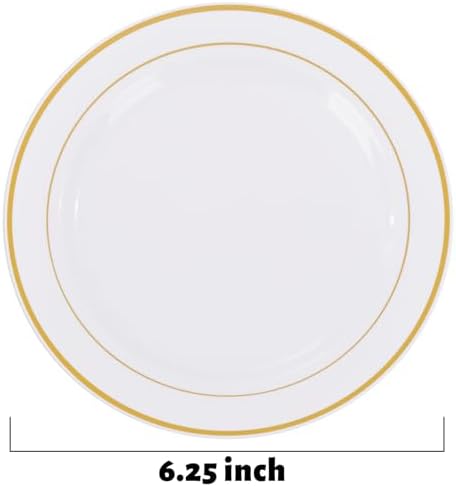 bUCLA 200PCS Gold Plastic Plates - 6.25inch White with Gold Trim Disposable Salad/Dessert/Appetizer/Small Cake Plates, Ideal for Wedding & Party