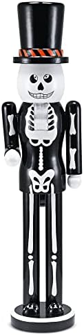 Ornativity Christmas Scary Skeleton Nutcracker – Black and White Wooden Day of the Dead Skeletal Nutcracker Man with Top Hat Xmas and Halloween Themed Holiday Nut Cracker Figure Decorations 15"