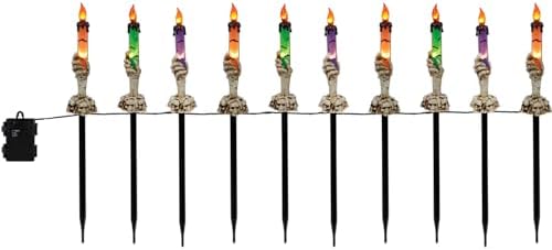 WATERGLIDE Halloween Decoration Candle Light Stakes, 10 Pack Skeleton Hands Hold Lighted Candle Pathway Makers, Waterproof Battery Operated with Timer, Light Up Figurine for Outdoor Holiday Party