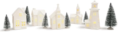 11Pcs White Ceramic Christmas Village Houses with Timer