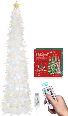 HMASYO 6 FT Pop Up Christmas Tree with 100 LED Timer Lights & Remote, White Christmas Tinsel Tree, Collapsible Artificial Pencil Tree for Home Office Party Decor, USB Powered, Easy Assembly