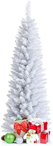 5FT White Pencil Christmas Tree, Artificial Christmas Tree w/Premium PVC Needles, Pine Tree w/Solid Metal Stand, Ideal for Home, Office, Shops, Holiday Decoration