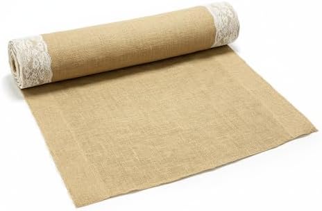 Premium Burlap Outdoor Wedding Aisle Runner with 5" Wide Ivory Lace Atta...