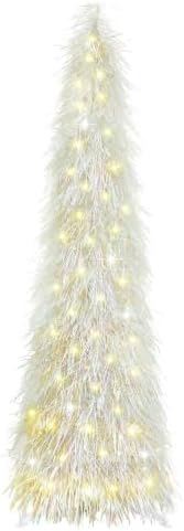 5 FT Shaggy Pop Up Christmas Tree with 50 Timer Lights, White Collapsible Artificial Tinsel Christmas Pencil Tree for Home Apartment Office Holiday Party Decor, Easy Assembly
