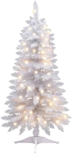 Juegoal 4 FT Pre-lit White Christmas Tree, Lighted Artificial Pine Tree, Pencil Pine Tree with Warm White Lights, 8 Lighting Mode, Battery Powered & Timer for Xmas Holiday Winter Home Party Decor
