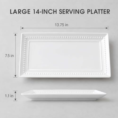 14 inch Ceramic Serving Platter - Rectangular Serving Trays Set of 4, Large Embossed Plates, Porcelain White Platters for Steak, Appetizer, Dessert, Tacos, Housewarming, Oven Dishwasher Safe