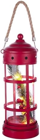 Alpine Corporation 13" Tall Metal and Glass Christmas Lantern with 8 Warm White LED Lights, Built-in Timer, Indoor Holiday Decoration for Tabletop or Hanging Display, Red