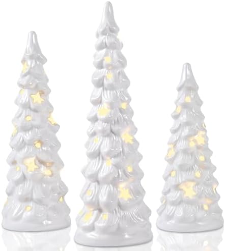 Set of 3 White Ceramic Christmas Trees that Light Up Decorations