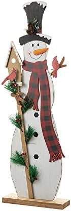 Glitzhome 36" H Lighted Wooden Christmas Snowman Porch Sign Standing Snowman with Birdhouse Porch Decor Rustic Merry Christmas Welcome Sign Holiday Party Outdoor Indoor Xmas Decorations