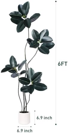 Artificial Rubber Tree 6FT Tall Faux Plants Indoor Artificial Trees Potted - Fake Tree with White Planter Large Floor Plant for Home Office Room Outdoor Decor