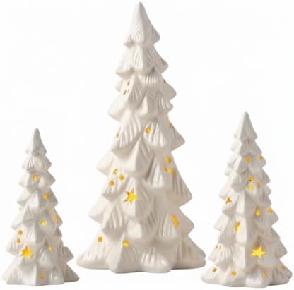 Nuogo 3 Pcs Lighted Ceramic Christmas Tree White Porcelain Tabletop