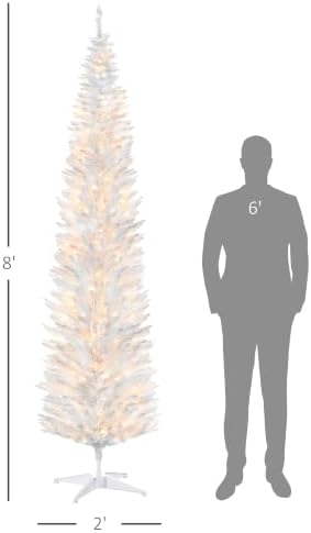 HOMCOM 8' Tall Pre-Lit Slim Noble Fir Artificial Christmas Tree White