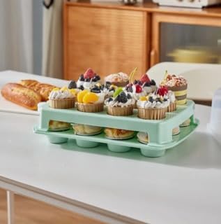 Cupcake Carrier, EXTRA TALL LID, Green Cupcake Holder Carries 24 Standard-Size Cupcakes, Muffin Traveler Two Tier Stand Reusable Cupcake Box