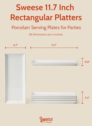 Sweese Porcelain Serving Platters 11.7 Inch - Elegant White Rectangular Plates, Set of 4 for Parties, Sushi, Appetizers
