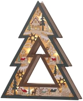 Wooden Christmas Tree Lighted Tabletop Decor, Xmas Winter Village Ornament